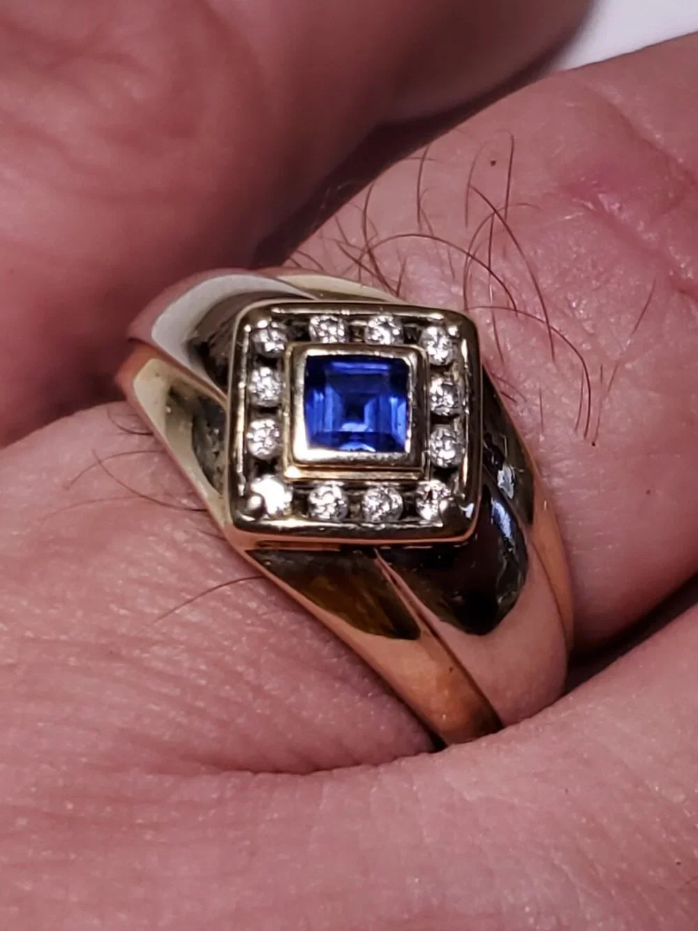 Estate .82ctw Natural Princess Sapphire & Diamond 10Kt YG S-10 Gents Ring #24753